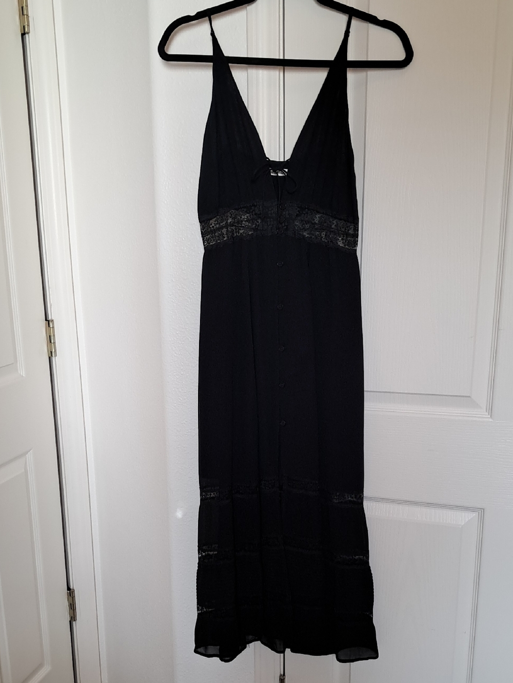 Reformation Black Midi Slip Dress with Lace Trim